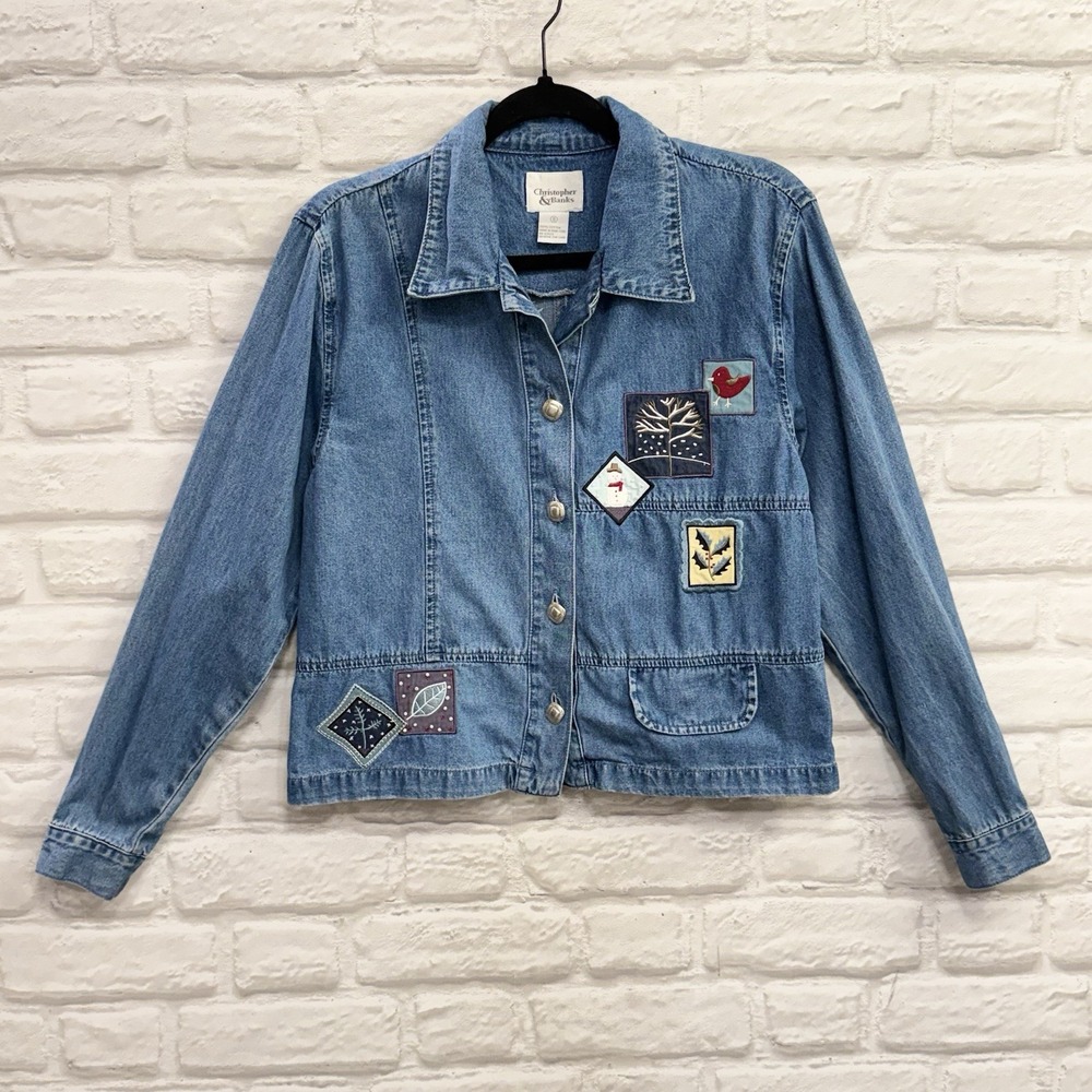 Vtg Christopher & Banks Christmas Embroidered Denim Jean Jacket Sz S Winter 90s